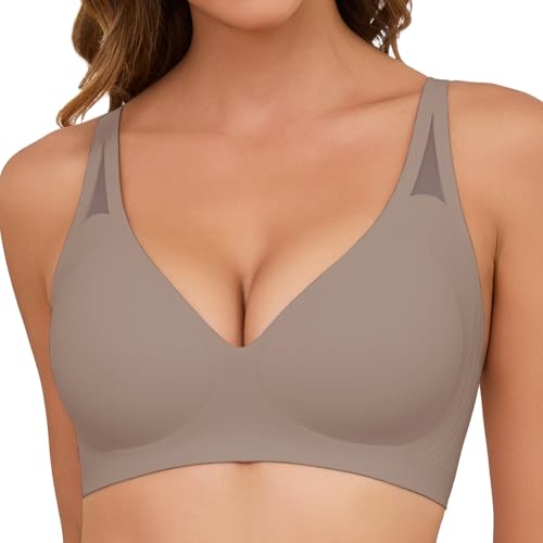 TOMEEK Sujetador Mujer sin Aros Sujetadores Mujer Push Up con Relleno sin Costuras Cuello V Profundo Bralette Básicos Comodos Sostenes(Gris,M)