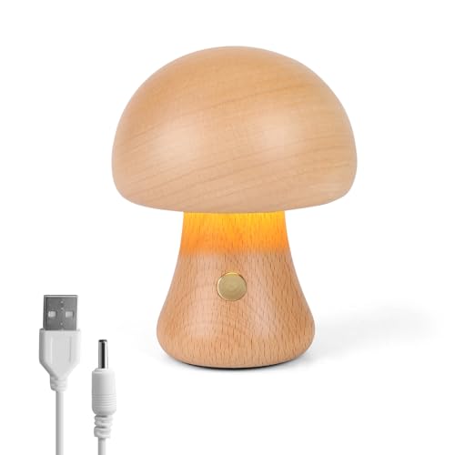 Mushroom Lamp Wooden, Portable Dimmable Bedside Lamp with USB Charging, Wireless Night Light