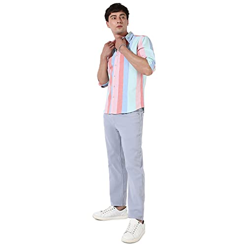 Image of CAHOOT Mens Multicolour Roman Striped Button Up Regular Fit Shirt for Casual Wear Cotton Spread Collar Crafted with Sleeve Comfort and High Performance Everyday