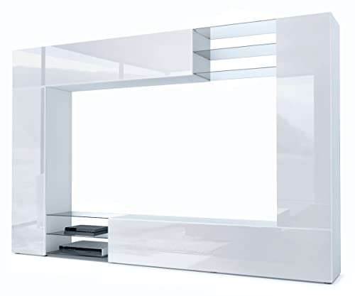 Vladon Meuble TV Mural Mirage, Ensemble étagère TV avec Panneau arrière et 2 Portes, 2 clapets et 6 étagères en Verre, Blanc Mat/Blanc Haute Brillance (262 x 183 x 39 cm)