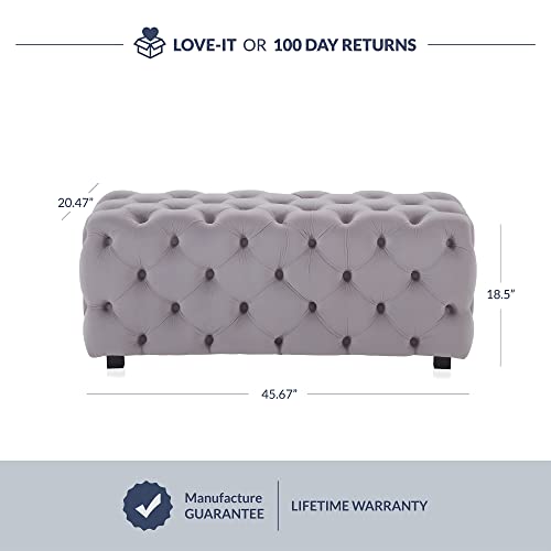 Image of BELLEZE Modern 46 Inch Rectangular Velvet Ottoman, Tufted Bench for Living Room, Bedroom or Entryway Seating, Vintage Style Upholstered Footrest - Zayne (Gray)