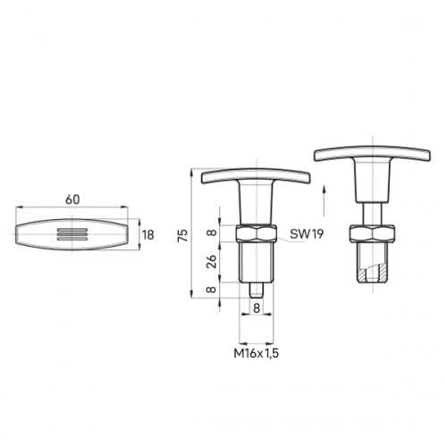 KM.RB-T - Perno de bloqueo con mango en T, tuerca de contratuerca DIN 439, acero inoxidable, perno de bloqueo, perno de muelle, dimensión M16 x 1,5 mm