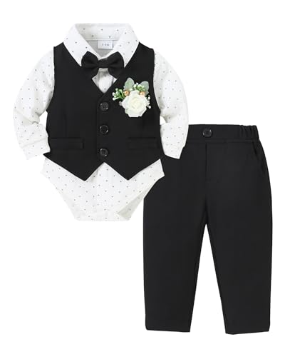 ZOEREA Baby Jungen Gentleman Anzug, Kleinkind Hochzeit Taufe Festliche Langarm Strampler Hemd + Fliege + Weste + Korsage + Hosenträge Schwarz, 12-18 Monate