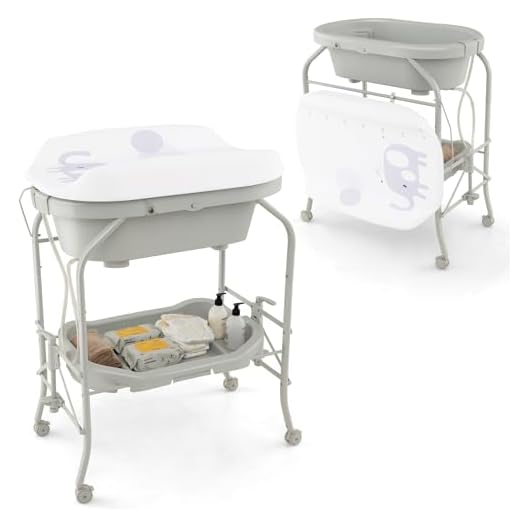 COSTWAY 4 in 1 Wickeltisch klappbar mit Badewanne, tragbare Wickelkommode mit Wickelauflage, mobile Wickelstation mit Universalrädern für 0-12 Monate Baby, bis 35 kg belastbar (Hellgrau)