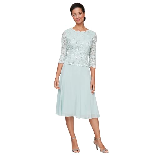 Image of Alex Evenings Women's Tea Length Embroidered Bodice Mother of The Bride Gown, Wedding Guest Dress