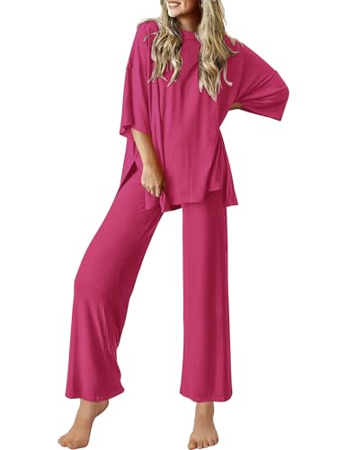 Image of Ekouaer Lounge Sets for Women Short Sleeve Tops and Long Pants Soft Comfy Pajamas Set 2 Piece Outfits