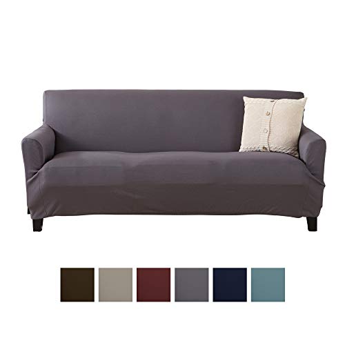 Home Fashion Designs Solid Twill Sofa Slipcover. One Piece Stretch Couch Cover. Strapless Arm Sofa Cover for Living Room. Brenna Collection Slipcover. (Sofa, Charcoal - Solid)