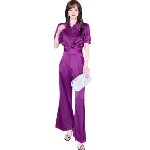 Women’s Purple Satin Co-Ord Set | Short Sleeve Button-Down Top with High Waist Wide Leg Pants | Elegant Outfit for Party, Evening, Formal Wear-image-16
