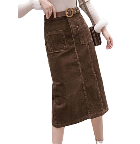 Hcclijo Gonne di Velluto A Coste Sexy A Un Passo da Donna Primavera Autunno A Vita Alta Slim Dritte Medio Lunghe Avvolte sui Fianchi Coffee XL