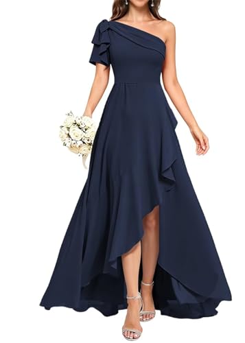 Robe de demoiselle d'honneur une épaule longue mousseline robe de soirée bleu marine 44