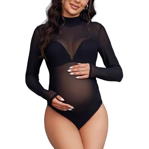 Bhome Mock Neck Maternity Bodysuit for Photoshoot Sheer Mesh Maternity Photography Outfits Black L Cover