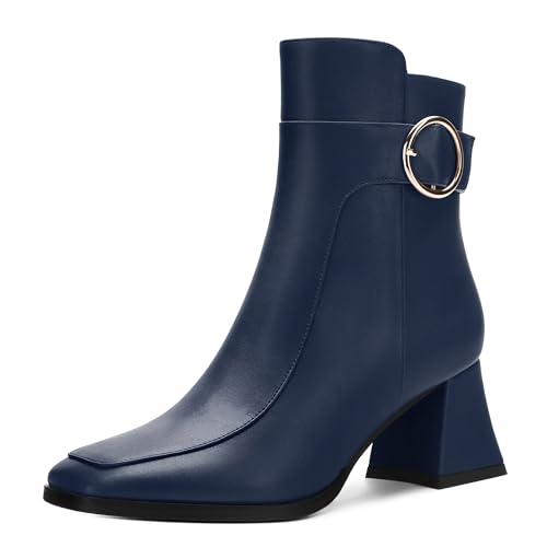 Women's Boots, Square Toe Short Boots with Side Zipper, Buckle Fashion Mid Chunky Heel Ankle boots for Women