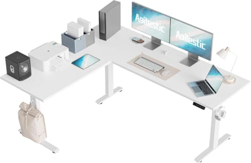 Image of Agilestic Triple Motors 73 inch x 60 inch L Shaped Standing Desk, Electric Standing Desk Adjustable Height, Extra Large Desktop Corner Table for Home Office, Gaming Workstation, Splice Board, White