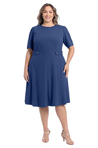 Image of London Times Women's Knit Eyelet Short Sleeve Crepe Inset Waist Midi with Button Detail