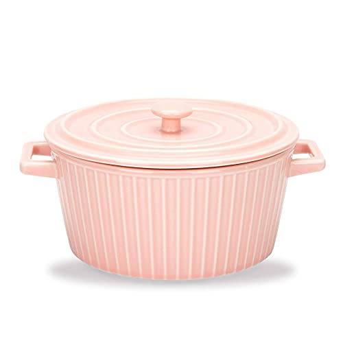 Olla de Barro Redonda de cerámica de 1,1 l con Tapa, Ideal para guisos, sopas y Vapor. Resistente a rayones y al Calor. Olla de Barro con Doble asa para guisos, Color Rosa. 1,1 l