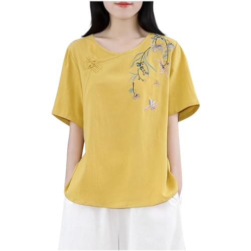 TURWXGSO Linen Tops for Women UK Short Sleeve Floral Embroidered Shirts Short Sleeve Frog Button Tshirts Round-Neck Blouses Summer Clothings Comfortable Breathable Elegant Work Tees