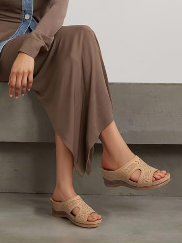 Image of TEMOFON Women Wedge Sandals Dressy: Comfortable Lightweight Summer Shoes | Low Wedge Heel - Fit Wide Feet - Comfy Stylish Slip on Sandals Size 5-11