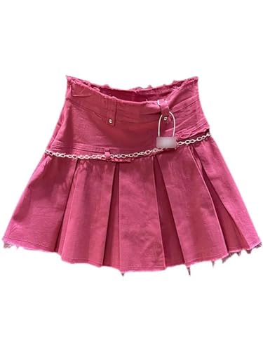 Women's Denim Skirt Rose Pink Pleated Fleece Skirt Spring A-Line High Waist Stretch Women's Mini Skirt2
