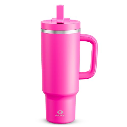 Image of ENCOOL 40 oz Tumbler with Handle and Straw: Stainless Steel Insulated Tumbler Keeps Cold for 24 Hours, Leakproof Travel Cup Fits in Cup Holder and BPA-Free,Persian Rose