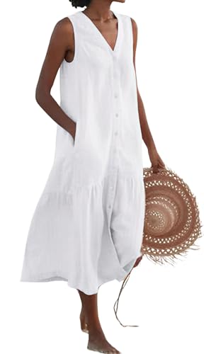 Image of chouyatou Women's Summer Sleeveless Button Down Cotton Tank Dress Loose A-Line Tiered Tunic Beach Dress