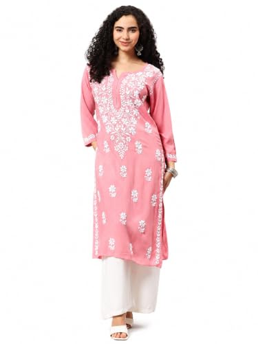 Image of Seva Chikan Hand Embroidered Lucknowi Chikankari Rayon Straight Kurta for Women SCL4532