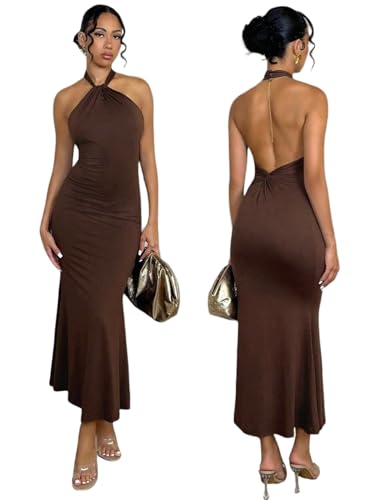Image of SKAYS Women's Summer Dress Halter Bodycon Maxi Dress Backless Casual Party Dresses