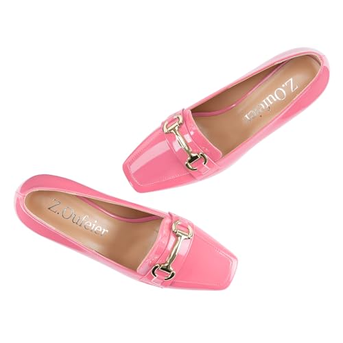 Image of Womens Mid Block Chunky Heeled Loafers Closed Square Toe Patent Leather Comfortable Slip On Pumps Metal Chain Basic Classic Casual Work Office Dress Shoes 2.8 Inches Heels