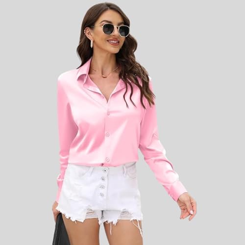 Image of IndoPrimo Women's Satin Shirt with Spread Collar Neck Line Solid Pattern Full Sleeves Regular Fit Western Style and Standard Length
