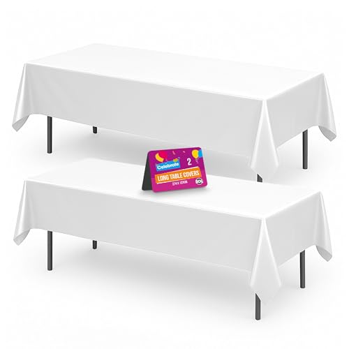 SOL 2pk Long White Table Cloth Party 274x137cm Plastic Cover Disposable Tablecloths for Parties - Heavy Duty Spill Protection - Opaque Design for Weddings, Buffets, Catering, Outdoor & Theme Events