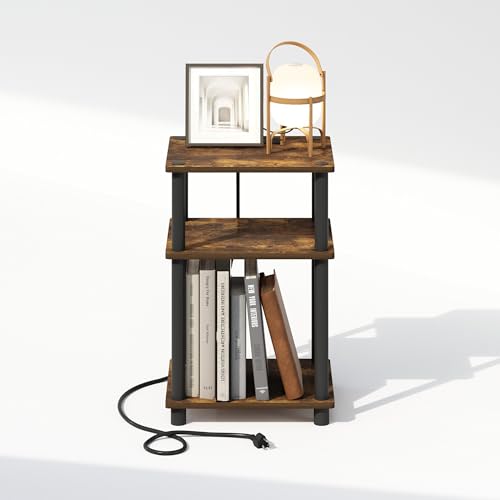Image of Furinno JUST Night Stand, 3-Tier Turn-N-Tube Nightstand with Charging Station, Bedside Table, End Table, Side Table with USB and Type-C Port, for Bedroom, Closet, Dorm, Amber Pine