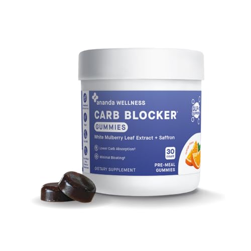 Ananda Wellness GLP-1 Carb Blocker Gummies White Mulberry Leaf Extract + Saffron Pre-Meal Gummies for Lower Carb Absorption & Minimal Bloating Orange Flavor 30 Count