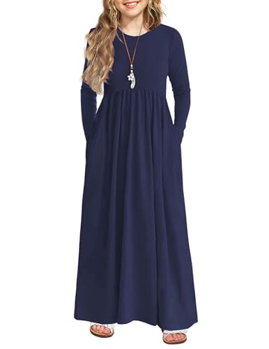 Image of Arshiner Girls Maxi Dress Long /Short Sleeve Casual Holiday Dress with Pockets for 5-13 Years