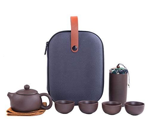 SOKLIT Portable Travel Tea Sets for Adults Purple Clay 1 Teapot 4 Teacups 1 Tea Caddy with Carrying Bag for Office Outdoor Picnic