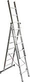 Escaleras Plegable de Aluminio Telescópica Extensible 7 Peldaños por Tramo Escadote Ladder de hasta 5 Metros Plataforma de Trabajo Profesional Exterior 3 tramos con Cintas de Seguridad Multifuncion