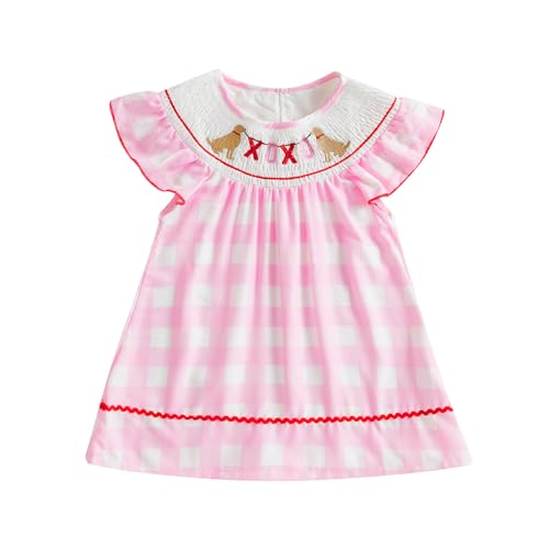 Toddler Baby Girl Valentines Day Outfit Fly Sleeve Embroidery Smocked Dress Playwear Plaid Princess Dress 1-5T (Pink, 12-18 Months)