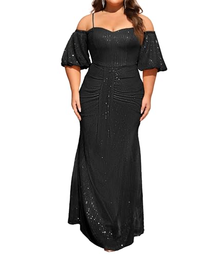 Image of Women's Plus Size Off The Shoulder Puff Sleeve Dress Sequin Formal Maxi Evening Cocktail Party Gowns