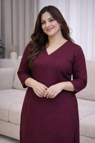 Image of Rayon Plain V Neck Kurta Pant Set for Women and Girls