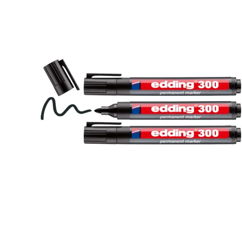 edding 300 Permanentmarker - schwarz - 3 Stifte - Rundspitze 1,5-3 mm - wasserfest, schnell-trocknend - wischfest - für Karton, Kunststoff, Glas, Holz, Metall, Glas