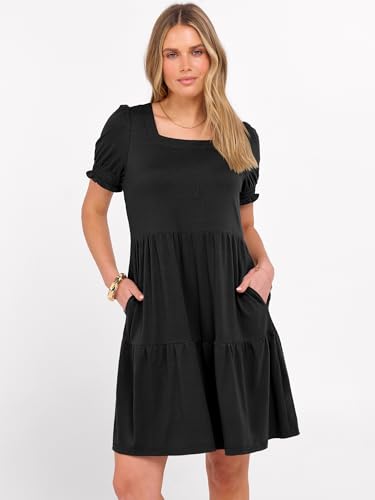 Image of ANRABESS Women Summer Square Neck Puff Short Sleeve Mini Dress 2026 Casual Flowy Sundress Beach Vacation Clothes with Pockets