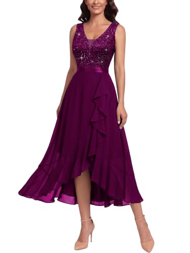Image of Miusol Women's Vintage V-Neck Sleeveless Sequined Floral Lace Ruffle Split Evening Party Dress | Deep V-neck, sleeveless, sequin lace, ruffle design dress, suit for cocktail party, wedding and banquet