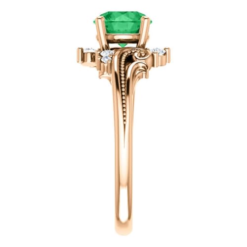 925 Sterling Silver Filigree Round Shape Emerald Green Diamond Ring Rose Gold Finish, Floral Engagement Ring, Round Proposal Ring, Twig Leaf4