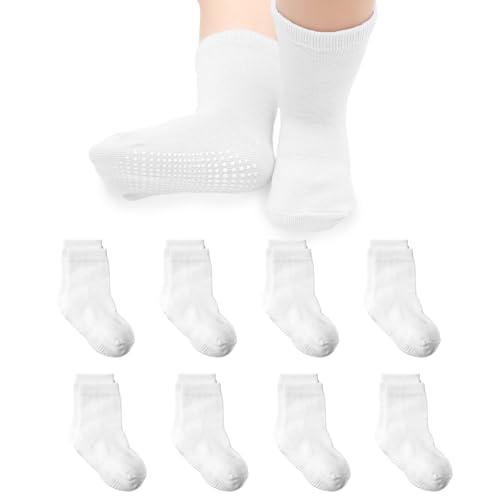 UILYNIU 8 Pairs Non-Slip Baby Grip Socks, Toddler Crew Socks, Unisex Cotton Socks, White, Newborn to Toddler (6-24 months)