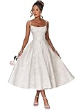 Zymhae Tea Length White Wedding Dresses for Bride Jacquard A Line Lace Up 2026 Midi Wedding Dress Satin Cute Formal Evening Party Gown US14