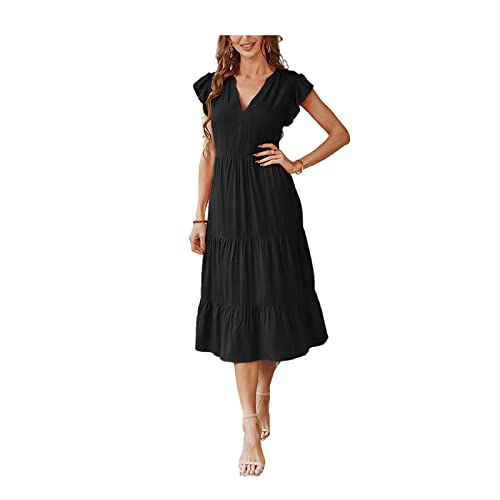 AYBIOSD Mujeres Casual Verano Midi Vestido Vestido De Volantes Tiered Sólido Sin Mangas A-Line Hem Swing Sun Dress,Negro,S