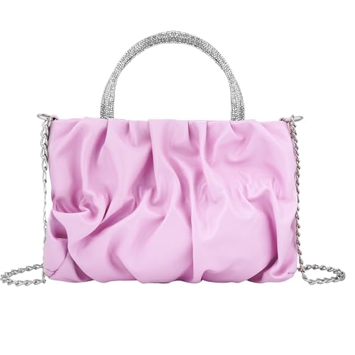 Biiange Pink Rhinestone Purse, Evening Bag, Rhinestone Handle Soft Leather Ruched Bag, for Women Formal Party, Prom, Wedding, Bridal Clutch Wedding Party