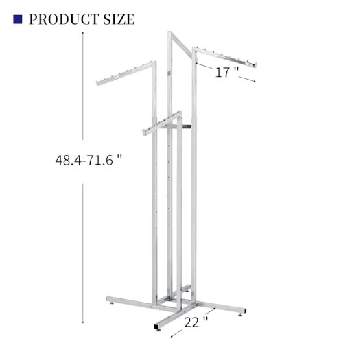 HUZJIEHUI 4 Way Adjustable Clothing Rack with Slanted Arms - Retail Clothing Rack Display - Adjustable Height Arms from 48\" to 72\" Perfect for Clothing Stores (Chrome) - Thumbnail 3