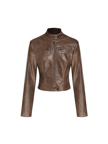 CIDER Faux Leather Stand Collar Zipper Biker Jacket: Brown, L at