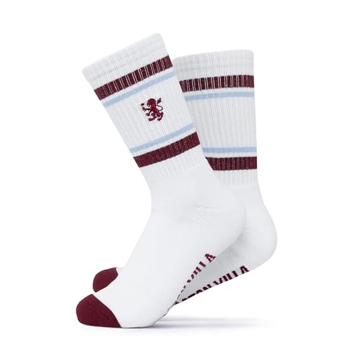 The Gift Scholars Aston Villa FC Official Mens Sports Socks - White with Retro Multi-Stripe & Embroidered Lion Crest 7-11