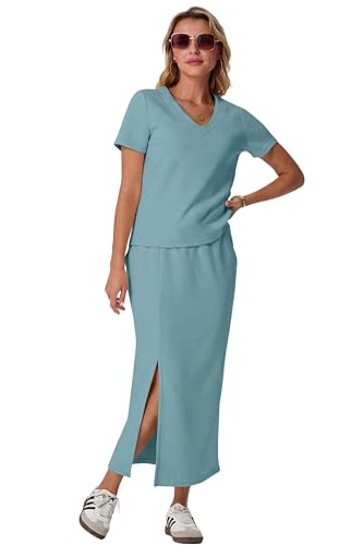 Image of GRECERELLE Women Summer Casual 2 Piece Sets V-Neck Wrinkle-Free Top & Elastic Waist Midi Side Slit Skirt with Pockets