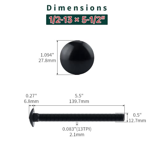 Image of 1 /2-13 x 5-1 /2 inch Black Carriage Bolts with Nuts and Washers Kits (6 Sets), 304 Stainless Steel 18 /8, Black Finish, Round Head, Square Neck, Heavy Duty Bolts, Indoor Outdoor Fastening Bolts, Fayeploo